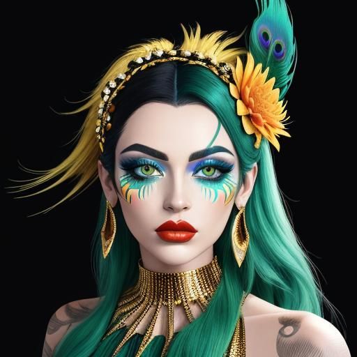 Pop Art Portrait: Golden Woman with Peacock Feathers