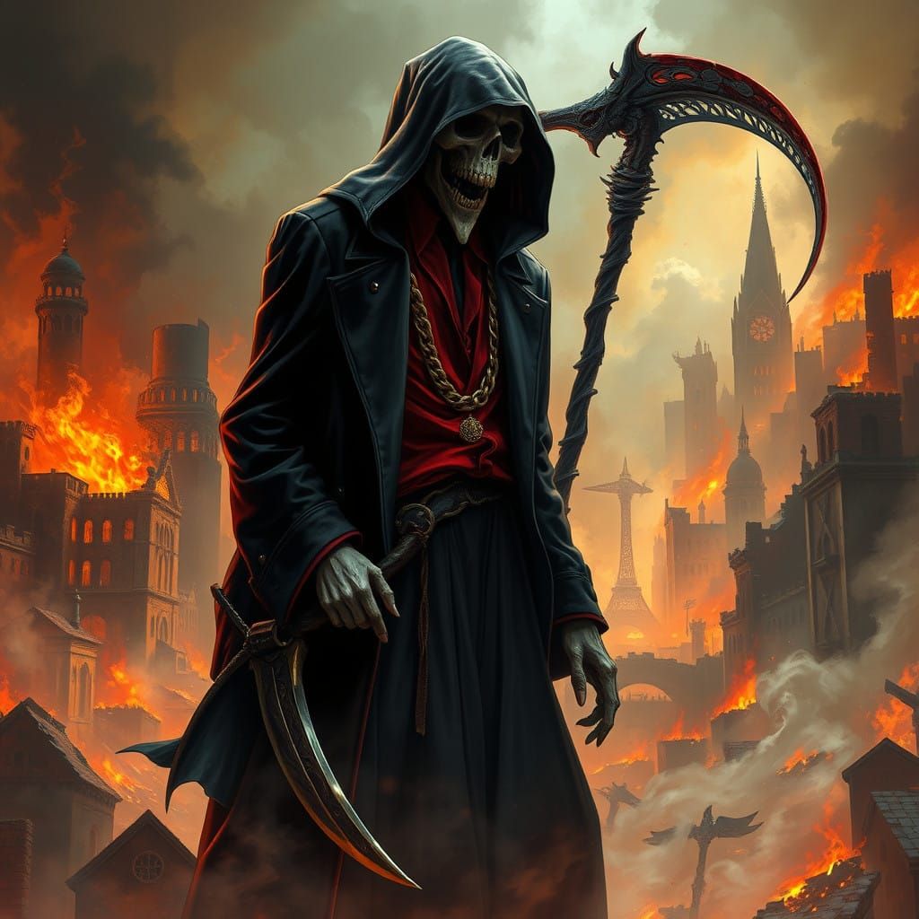 Grim Reaper in a Fiery Apocalyptic Cityscape