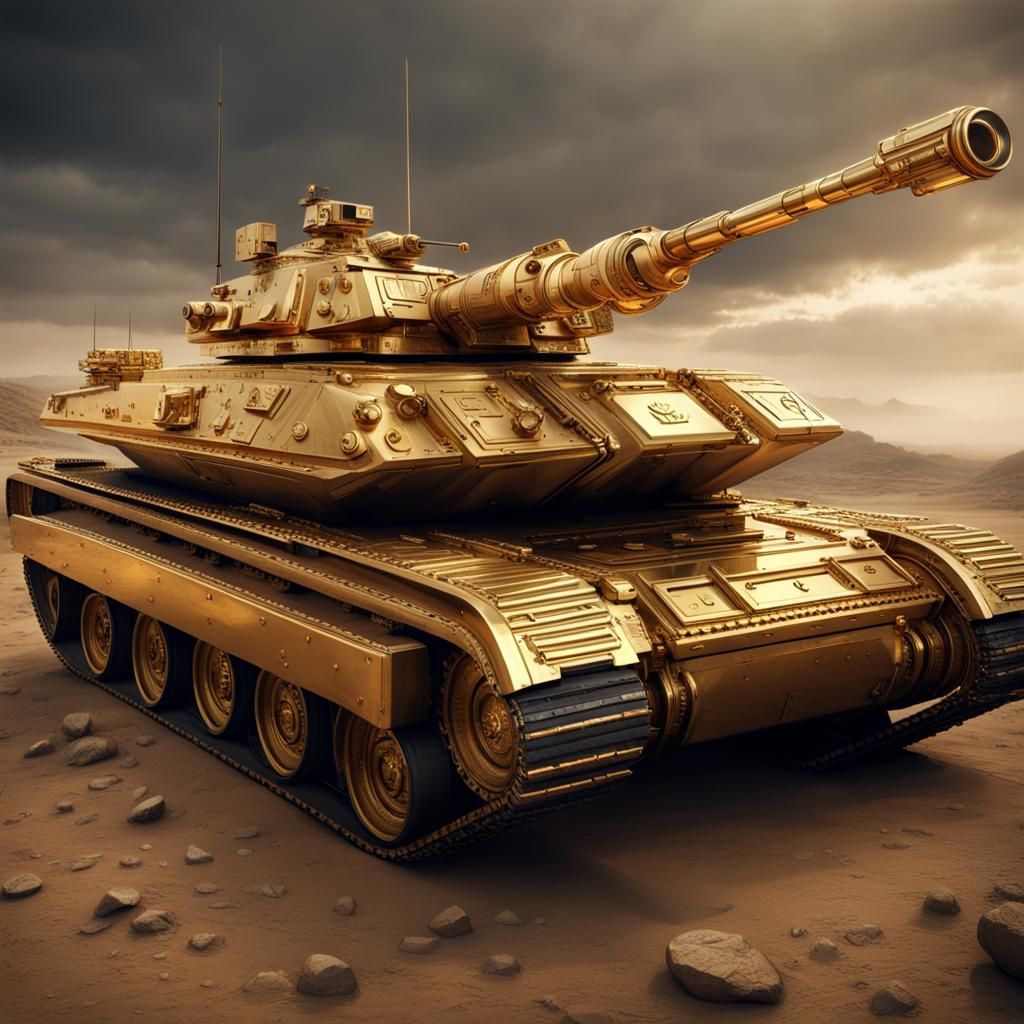 A battle tank made out of solid gold.