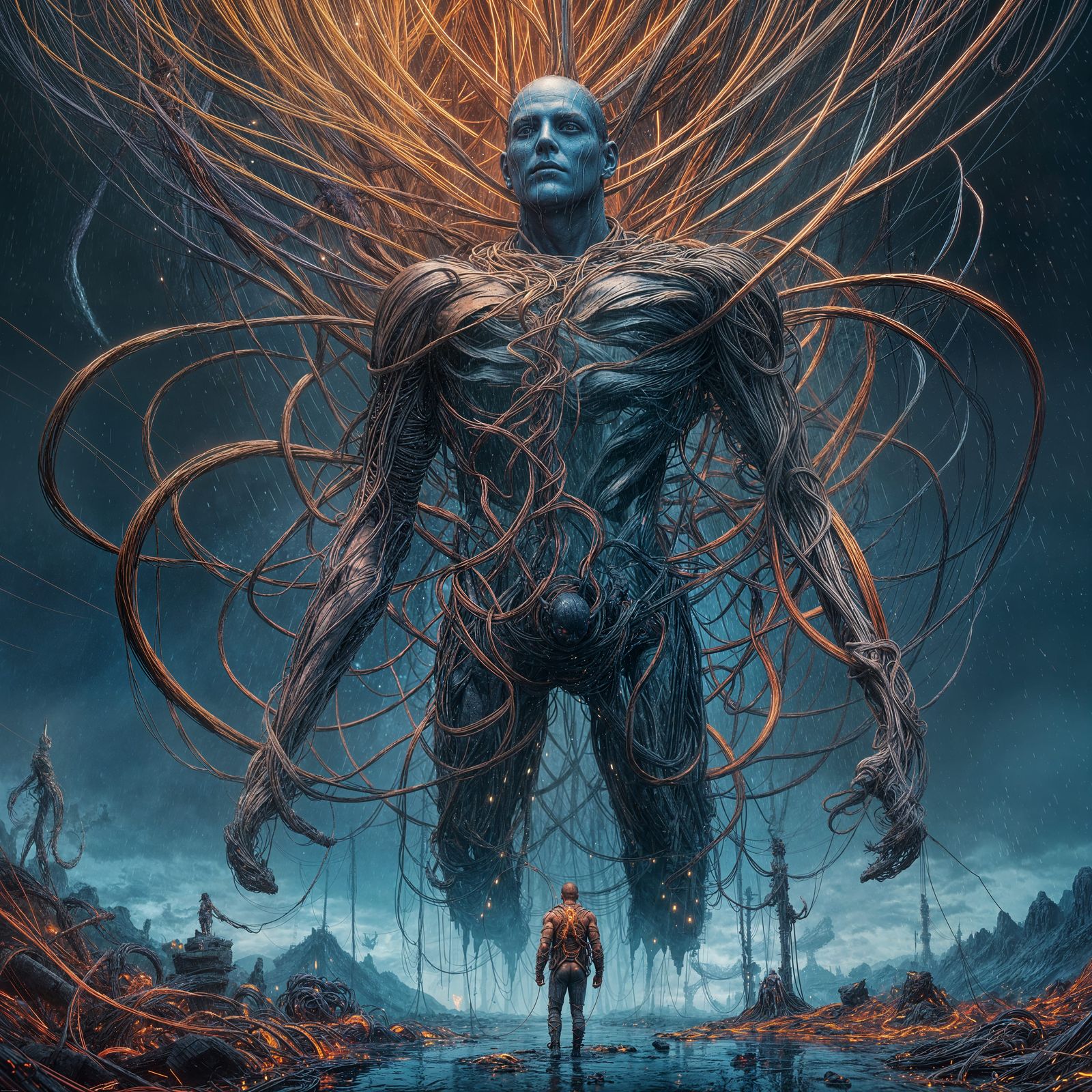 Cybernetic Figure Emerges from Digital Chaos