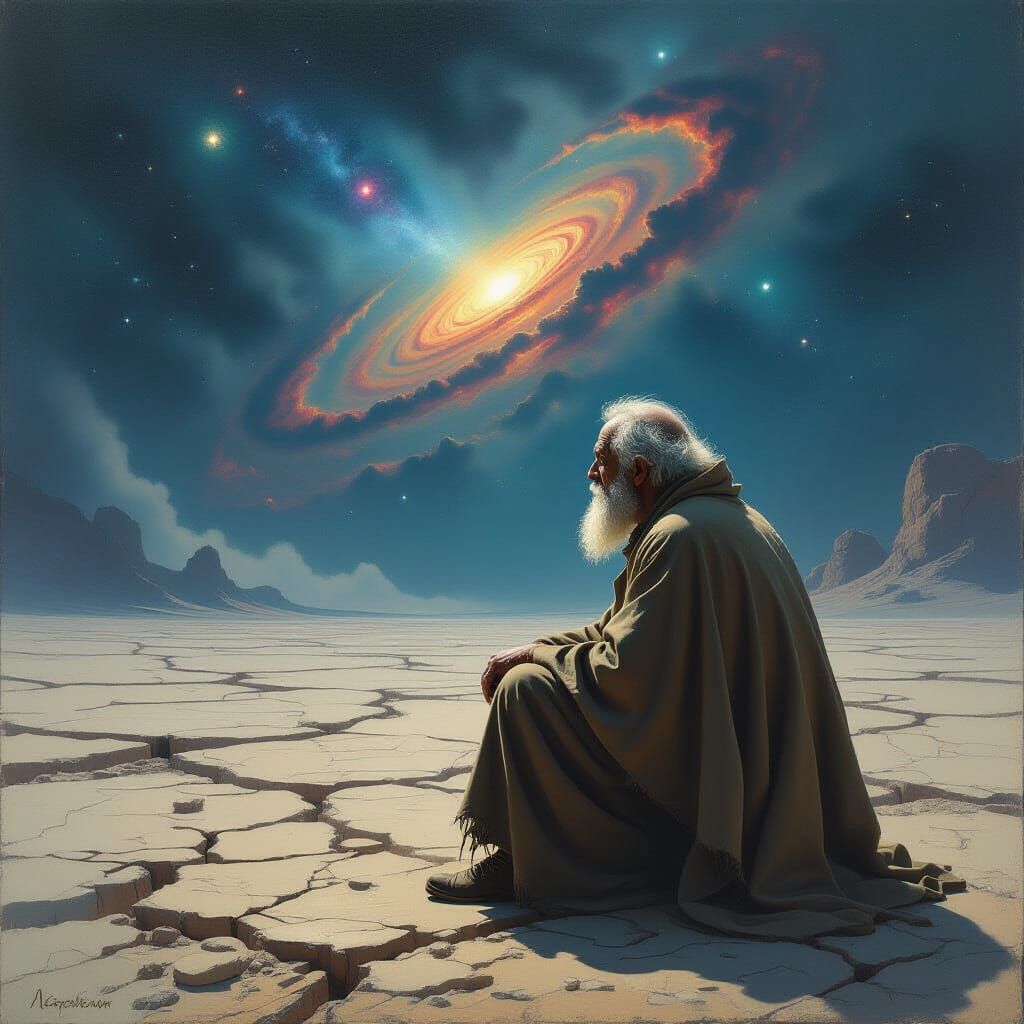 Old Man Gazing at Nebula in Hyper-Realistic Oil Painting