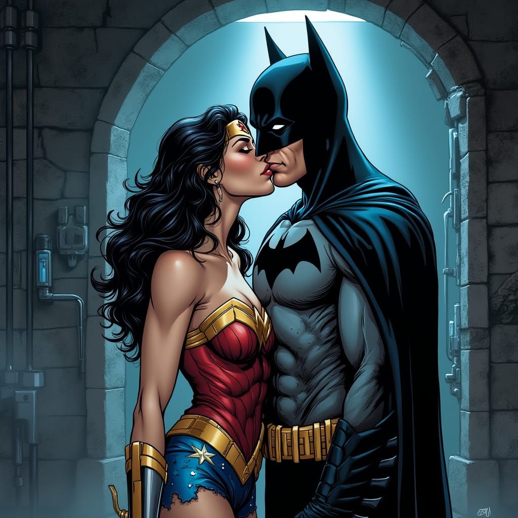 Wonder Woman Kissing Batman in the Batcave, Comic Book Style