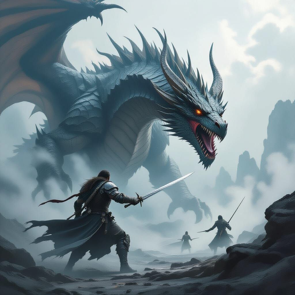 Dragon Slayer Battles Colossal Dragon in Dreamlike Style