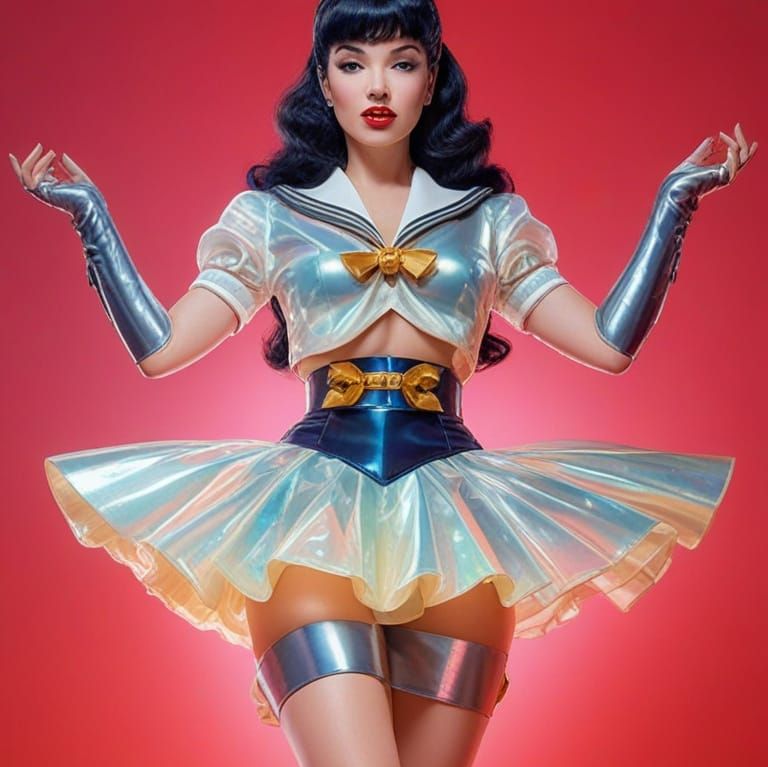 Bettie Page in Japanese Sailor Suit, Retrofuturism Oil Paint...
