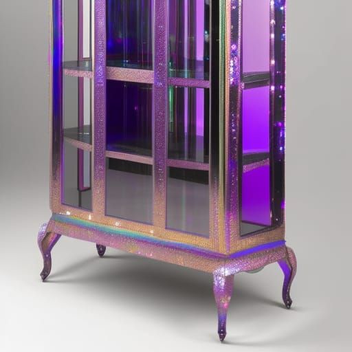 Ethereal purple holographic curio cabinet with metallic purple accents& neon purple accents& pearlescent purple accents&...