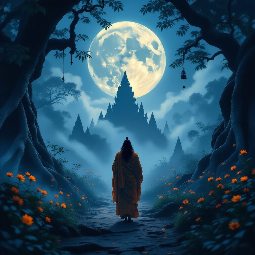 Yogi Meditating Under Full Moon in Mystical Forest