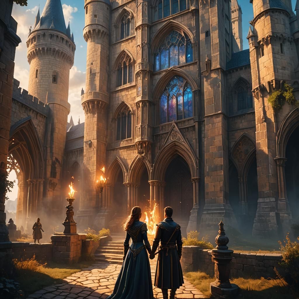 Fantasy Castle Scene with Couple in Matte Painting Style