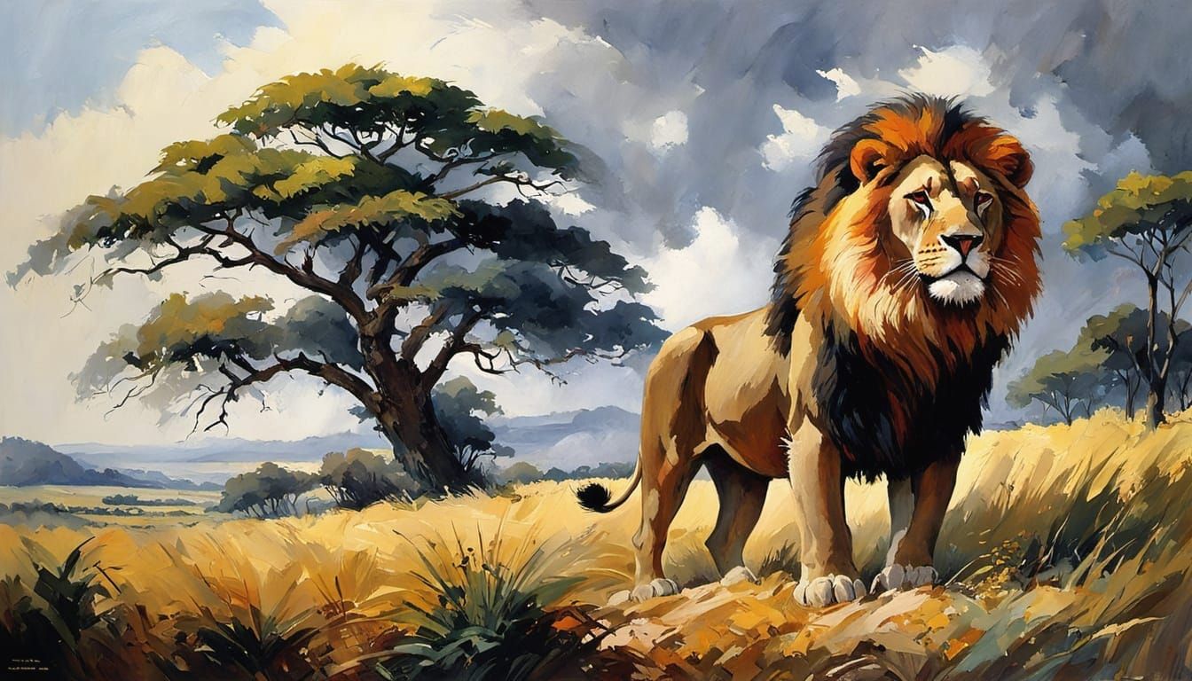 Vibrant Expressionist Lion in African Savanna Landscape