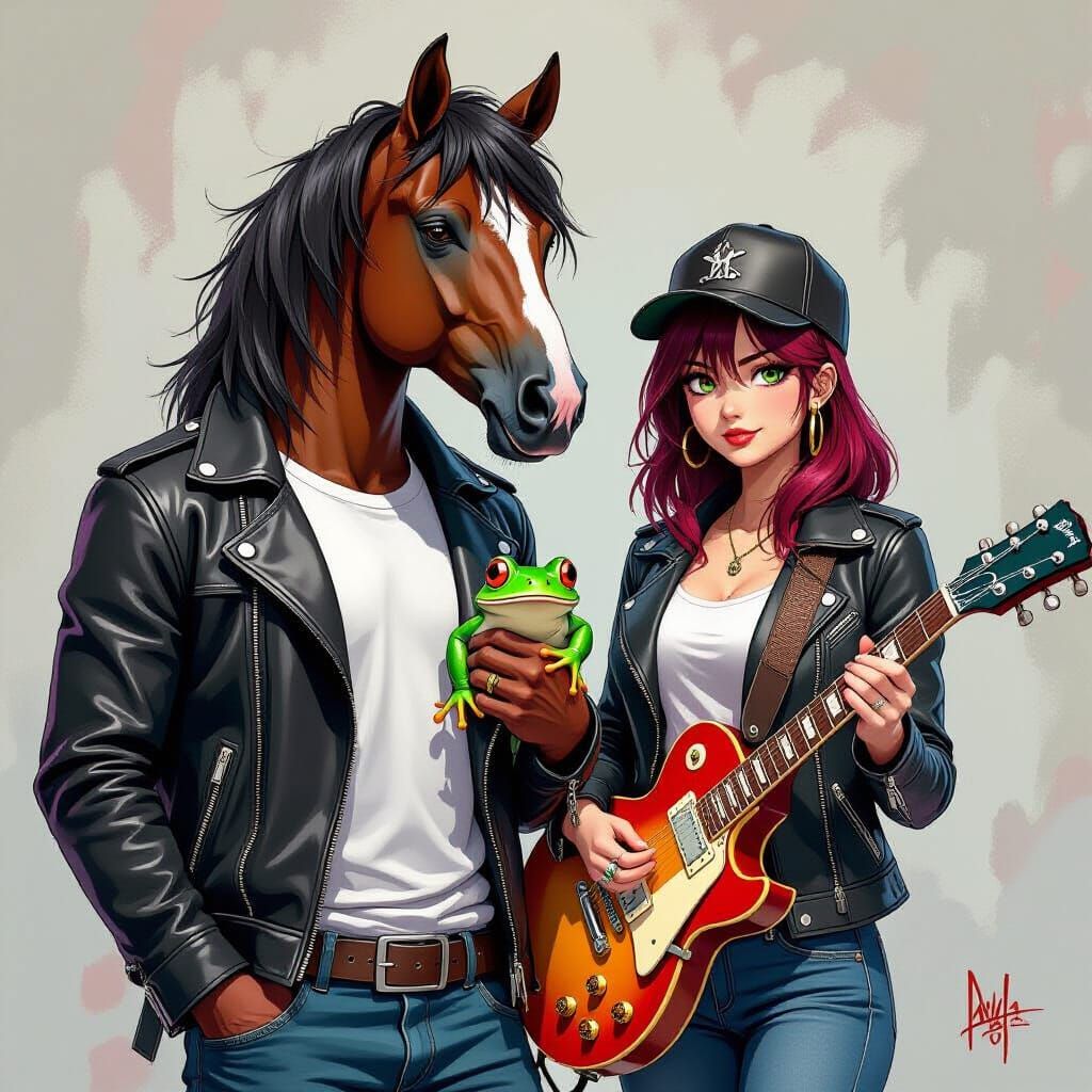 Man with Horse Head and Woman with Guitar on Stage
