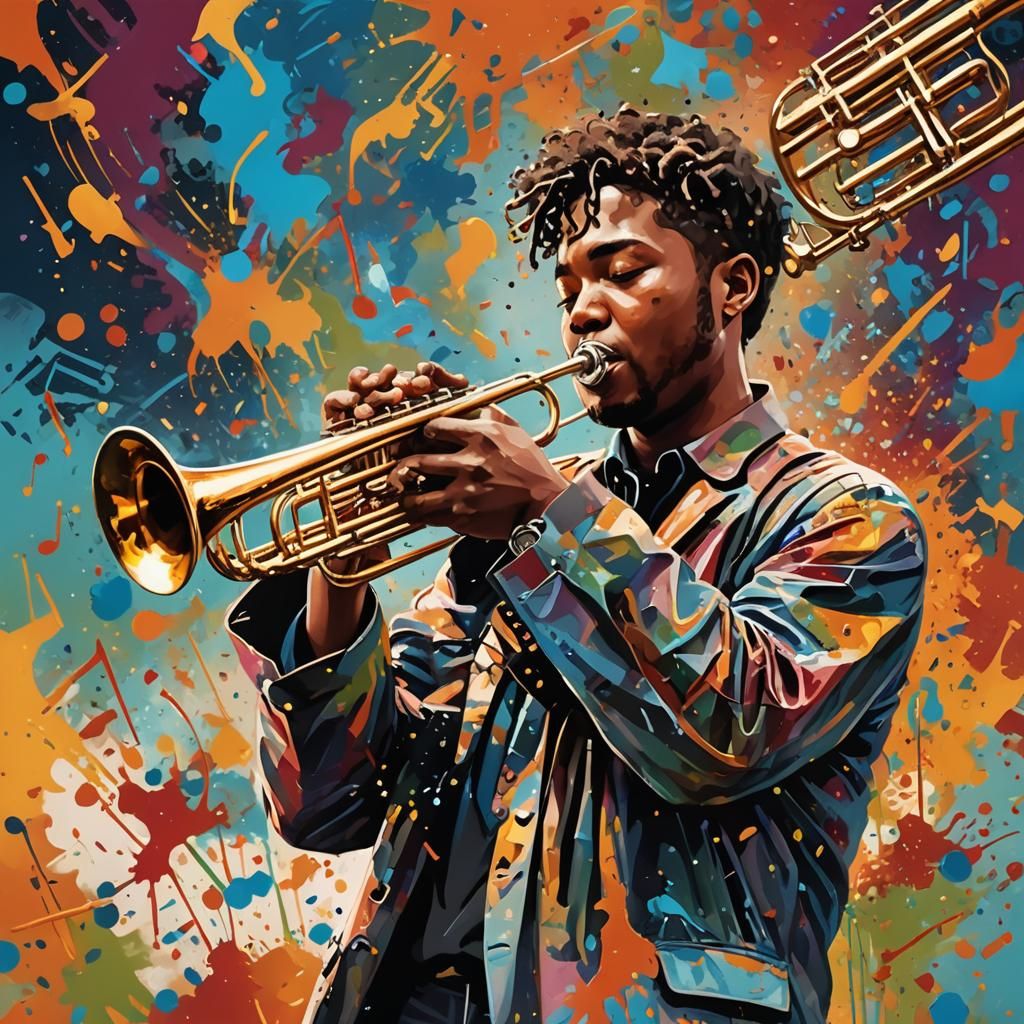 Hyperrealistic Trumpet Player with Music Notes