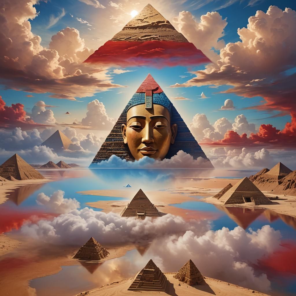 Surrealist Face in Dreamscape with Pyramid Portal