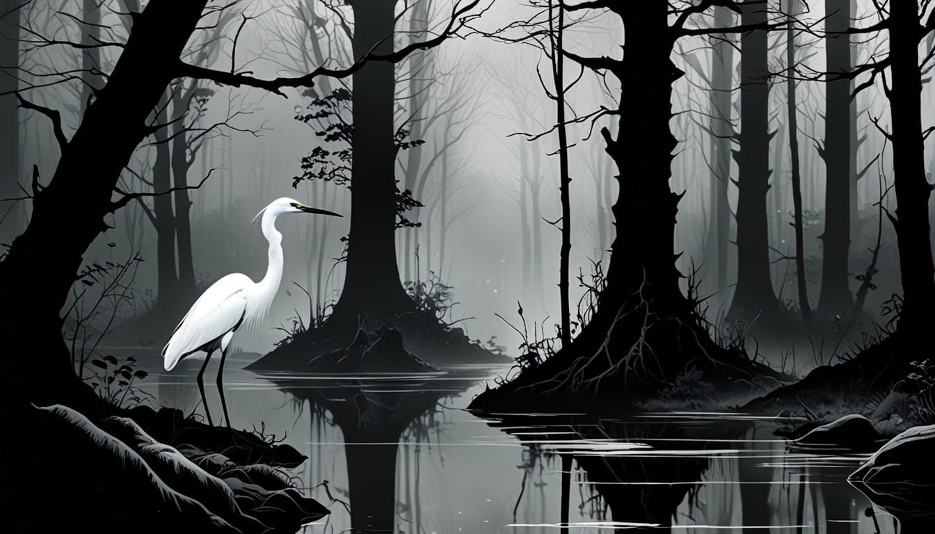 White Egret in Foggy Forest Ink Splash Art