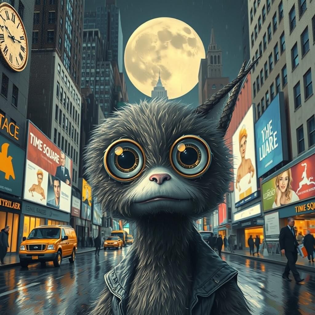Surreal Furry Character in Times Square on Rainy Night
