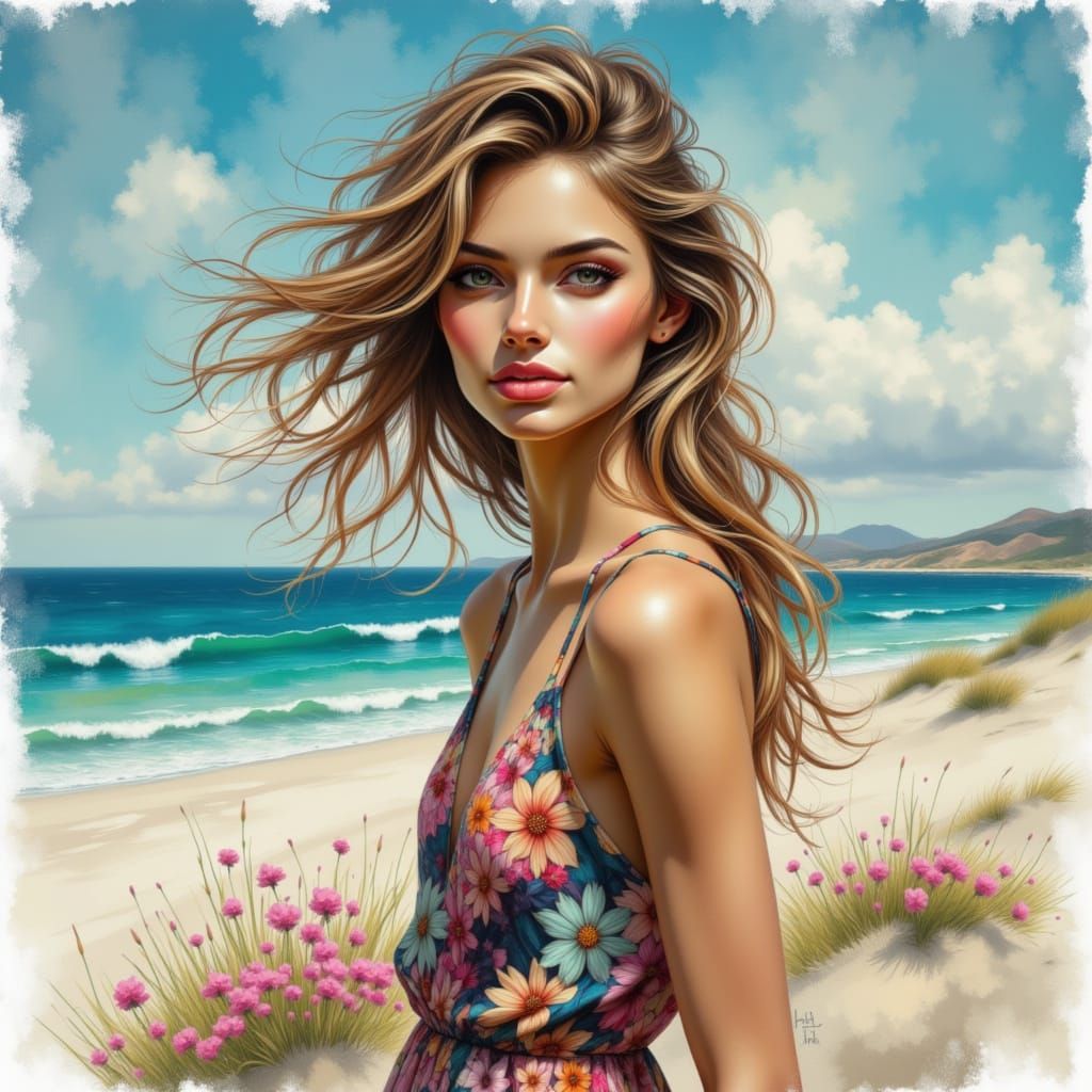 Happy Woman on Beach in Impressionist Style