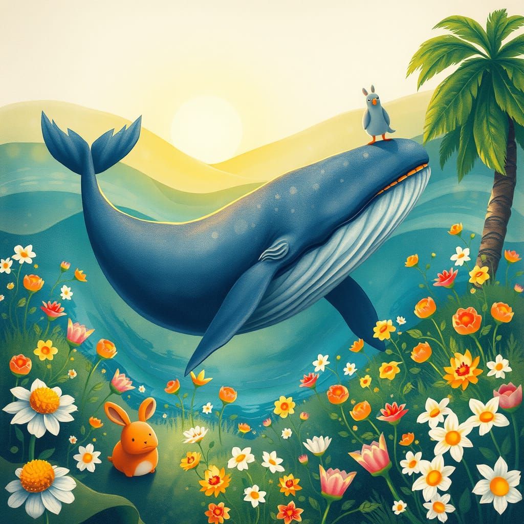 Surreal Easter Landscape with Whale and Blooming Flowers