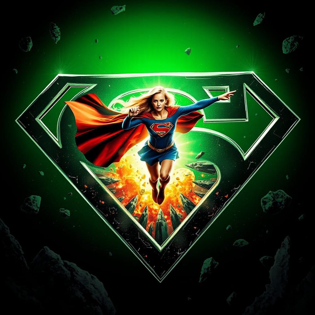 double exposure outline of Supergirl logo, inside art is portrait of Supergirl flying away from the exploding planet of ...