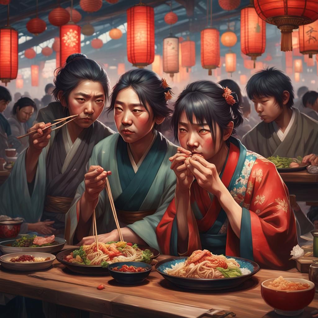 Detailed Portrait of People Eating, Splash Art Style