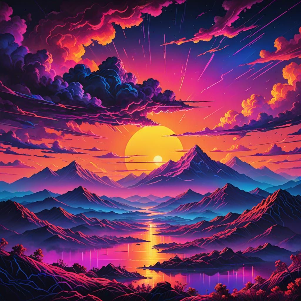 Retro-Futuristic North Carolina Sunset in Vibrant Neon Oil P...