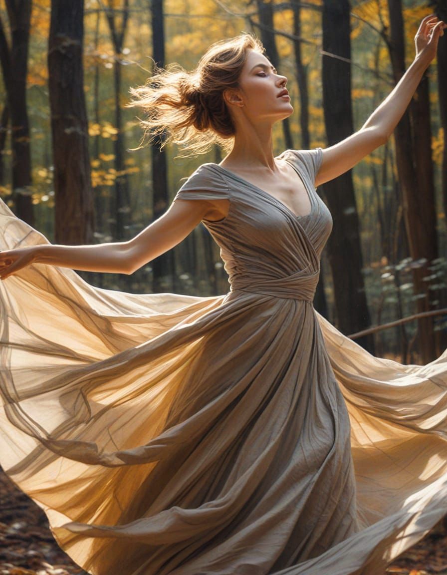 Woman Dancing in Sunlit Forest, Impressionist Charcoal Drawi...