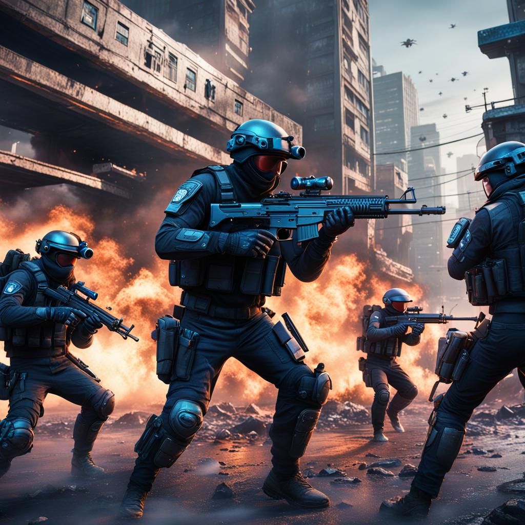 Futuristic SWAT Police in Intense Shootout