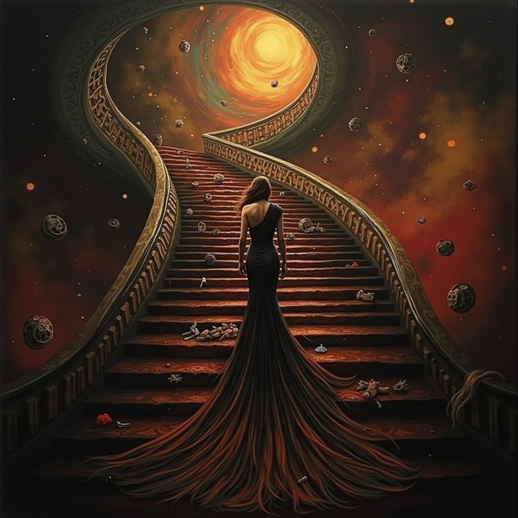 Art Deco Woman Ascending Abstract Staircase