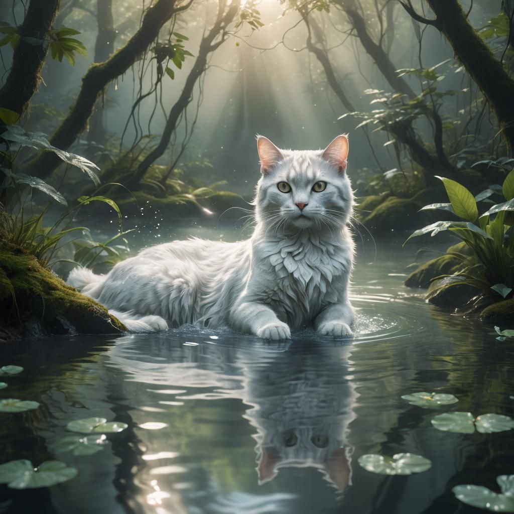 Water Cat Lounging in Mystical Forest