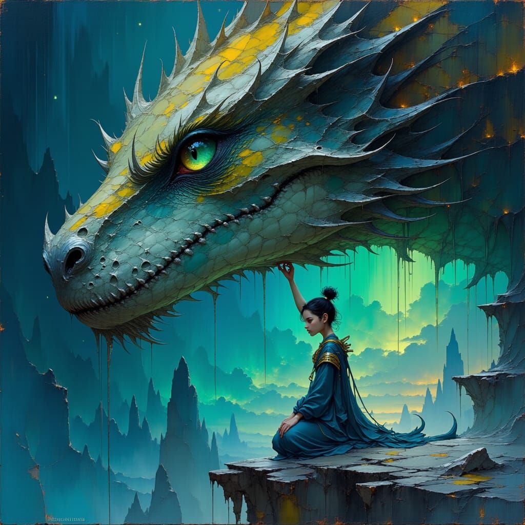 Elf Warrior and Dragon in Ethereal Landscape