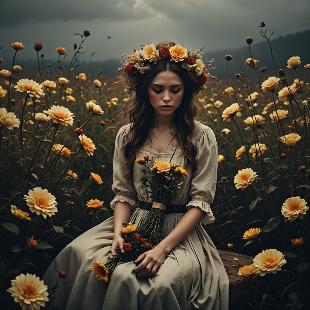Dramatic Floral Portrait in Hyperrealistic Chiaroscuro Style