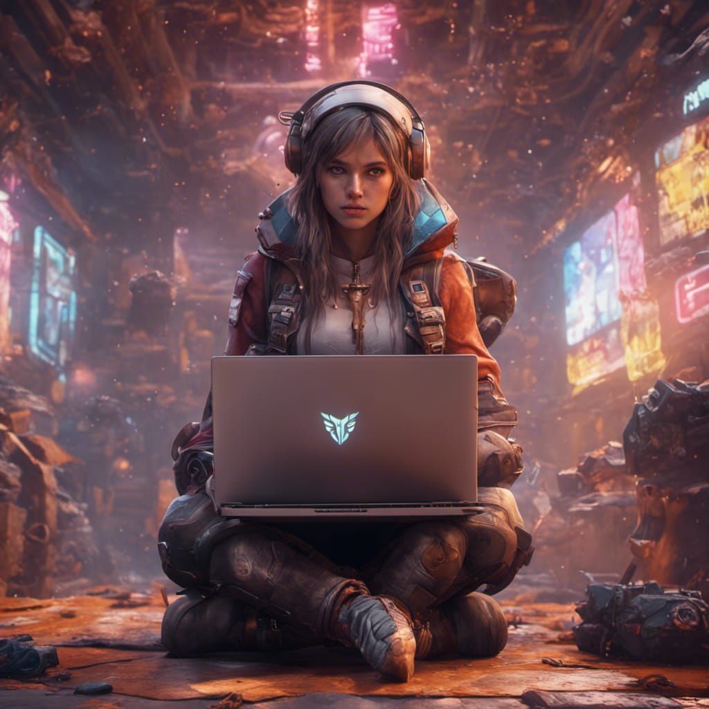 Gamer Girl with Laptop: Fantasy Concept Art
