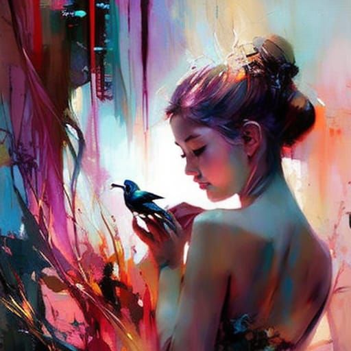 Girl and Bird Matte Painting in Fine Art Style