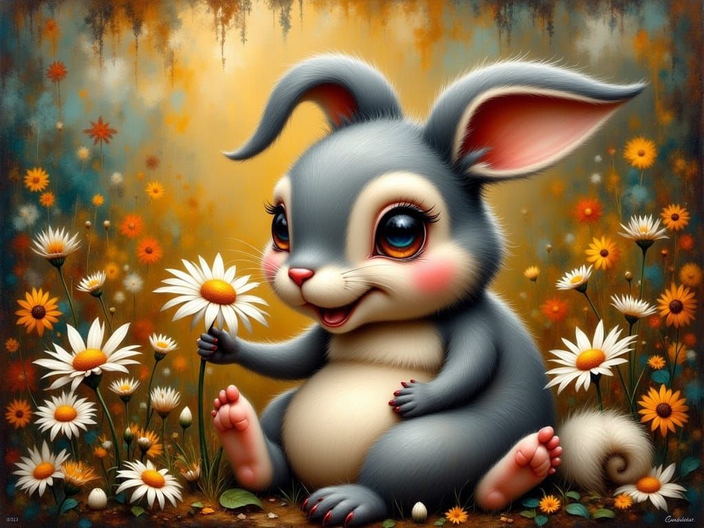 Glowing Bunny Holding a Daisy in Vibrant Dark Colors