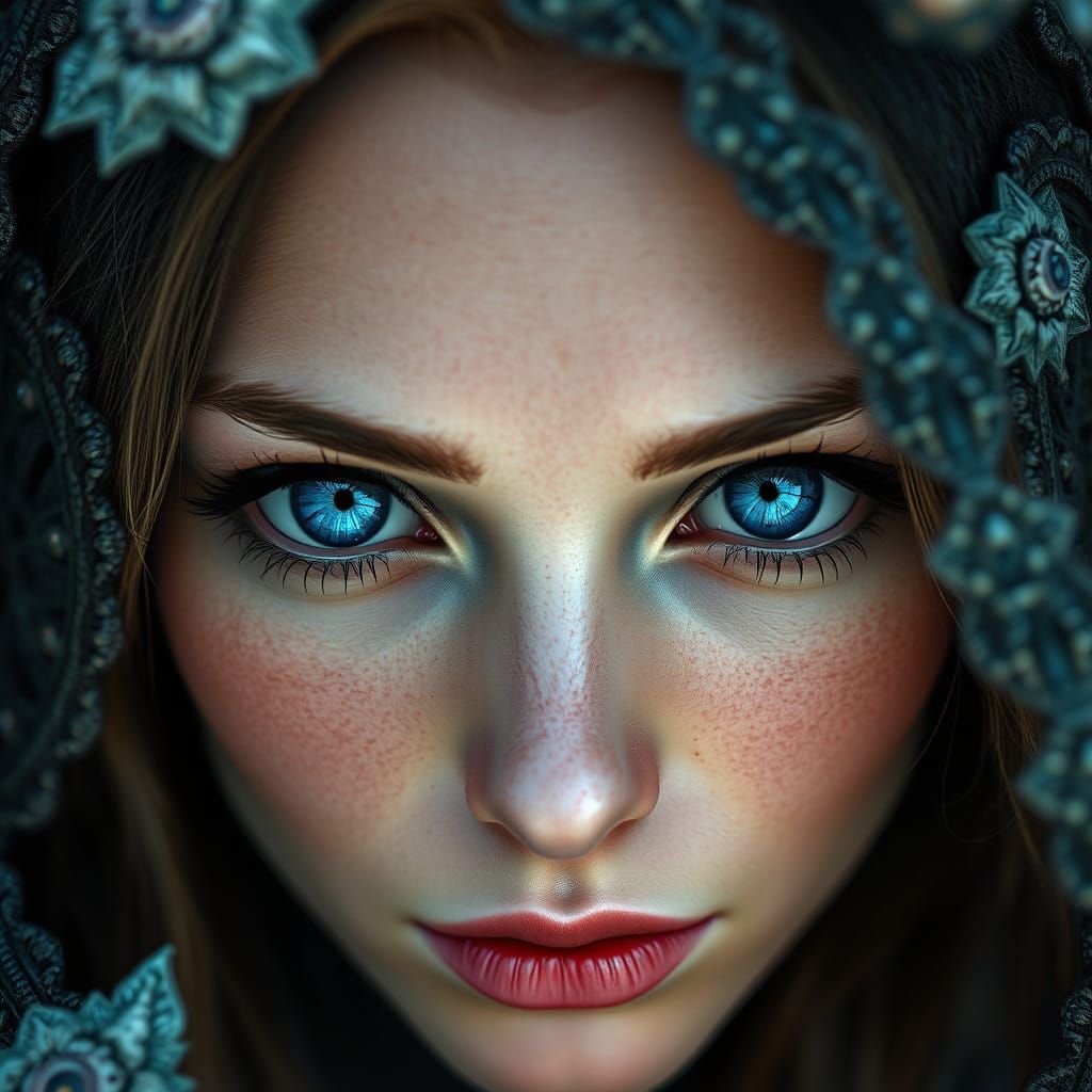 Enchanting Woman with Deep Blue Eyes in Ethereal Fantasy Lan...