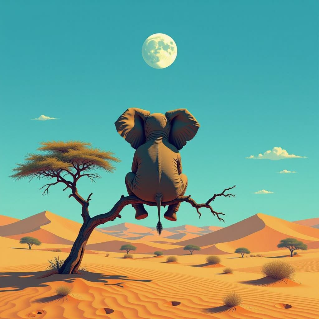 Elephant on Branch in Desert Landscape