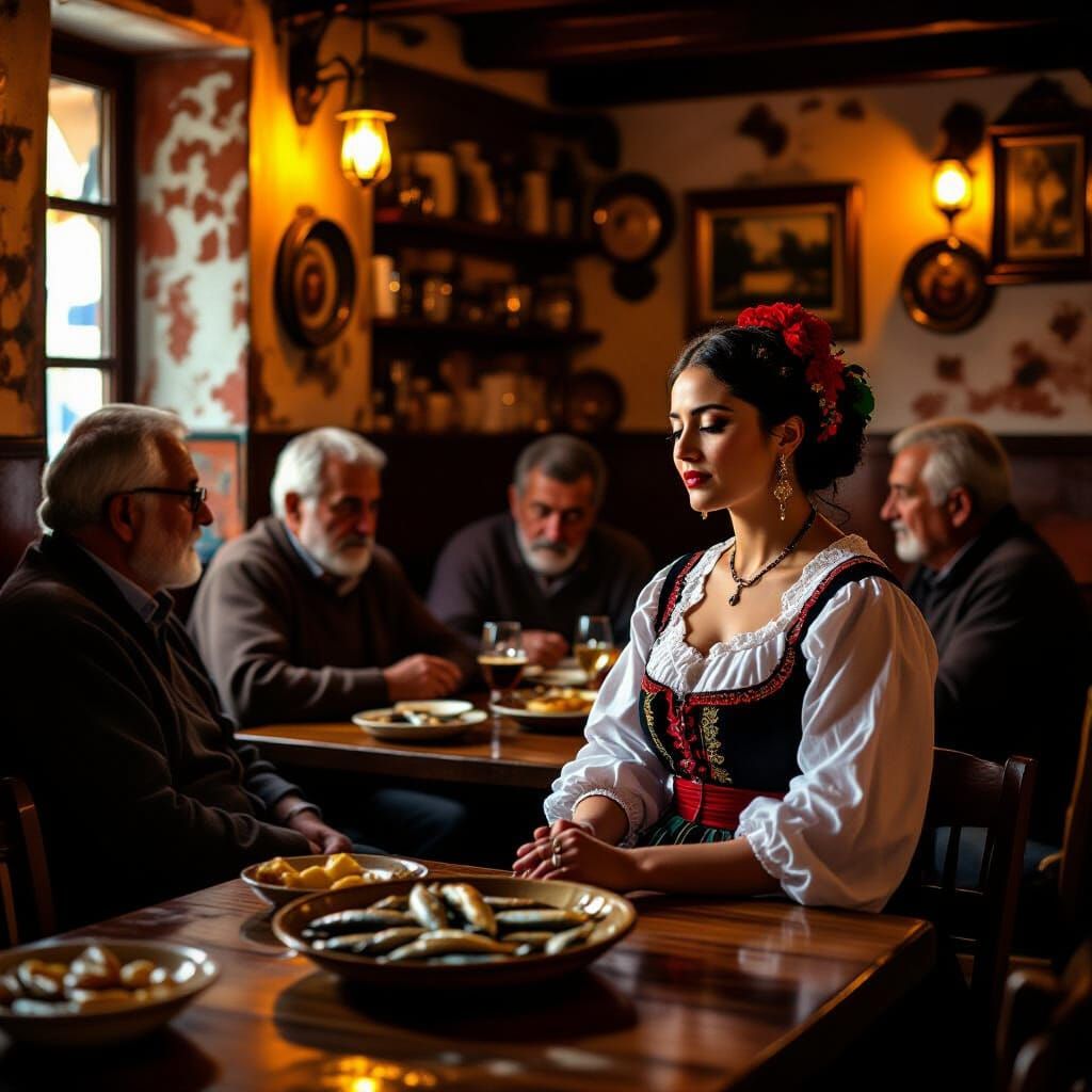 Melancholic Fado Singer in Alfama Tavern