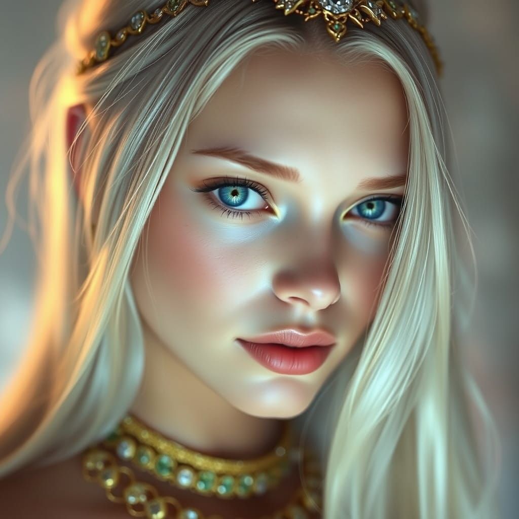 Ethereal Woman Portrait with Glowing Blue Eyes and Golden Je...