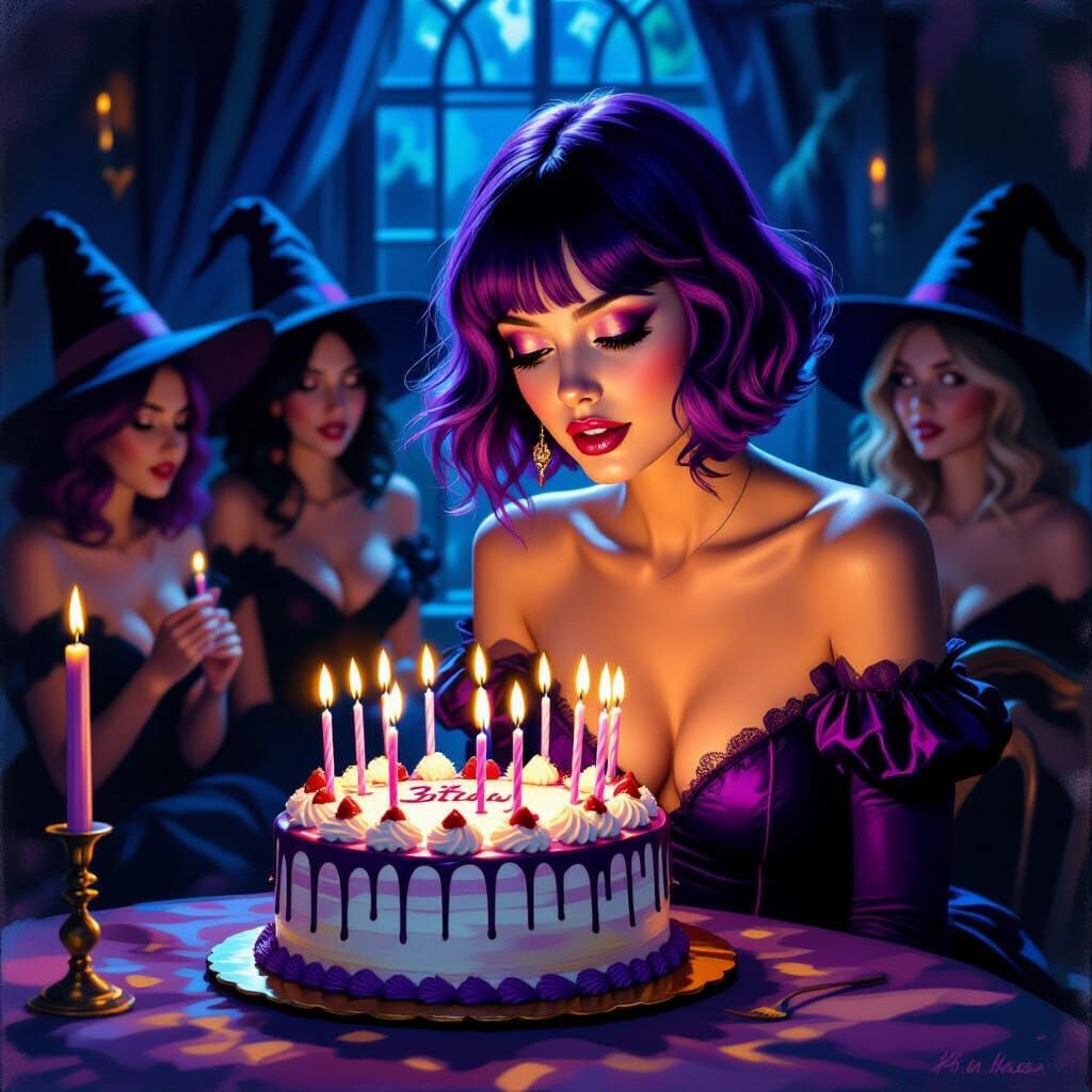 Young Witch Delights in Extravagant Birthday Cake