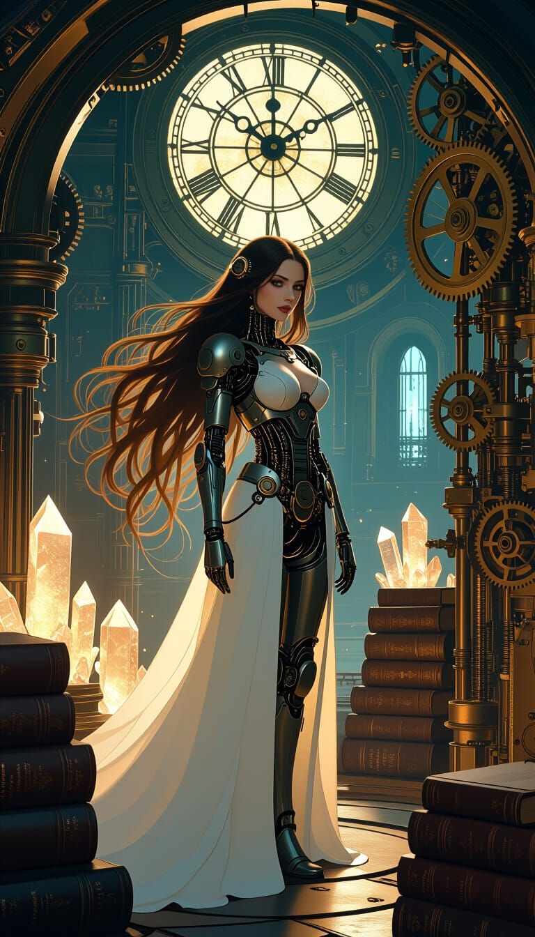 Cybernetic Woman in Clock Tower Chamber in Sci-Fi Style