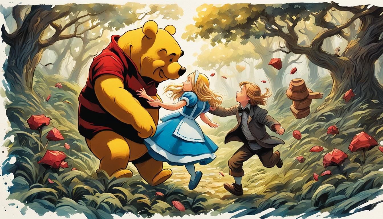 Alice in Wonderland fighting with Winnie the Pooh Mark Brooks and Dan Mumford, comic book art, perfect, smooth in Gouach...