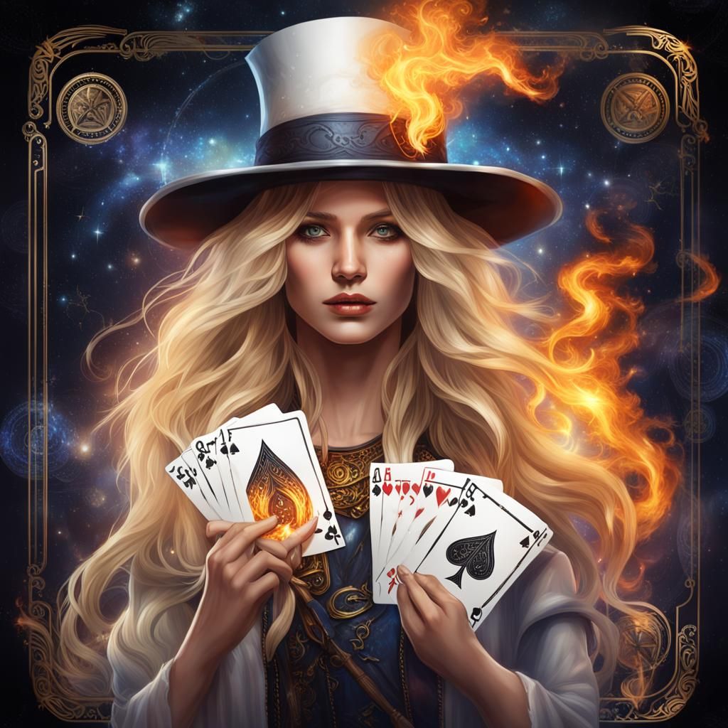 Beautiful Female Wizard with Flaming Card in Galaxy