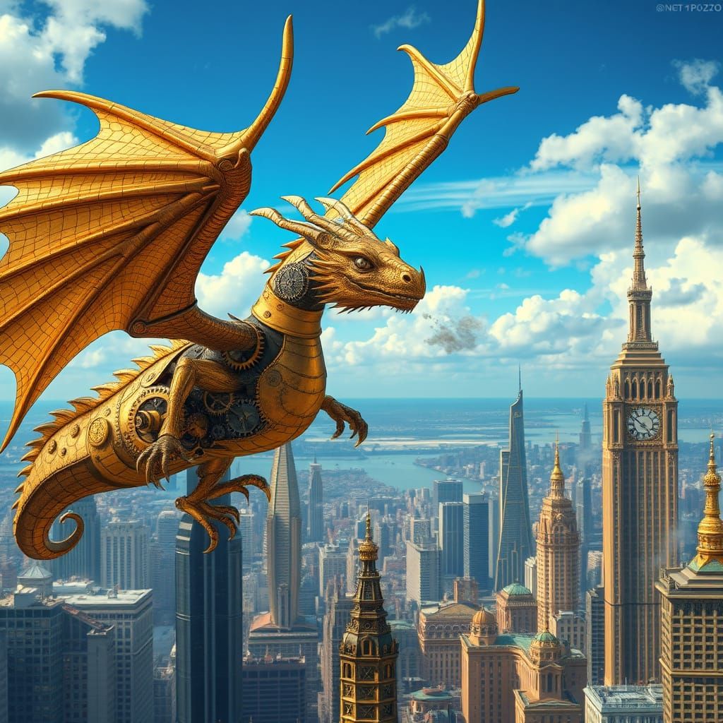 Clockwork Dragon Soaring Above Steampunk City