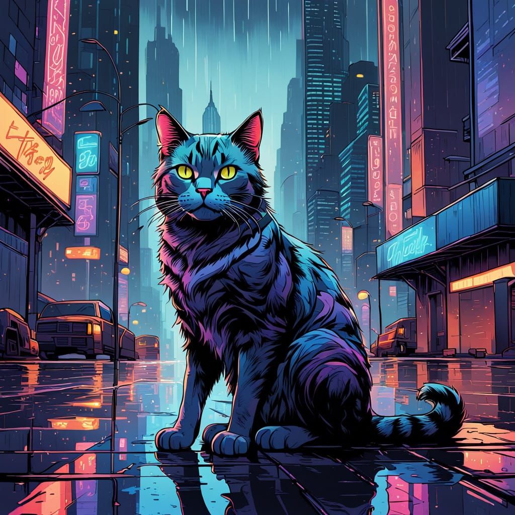 Surreal Cat Solace in Neon City