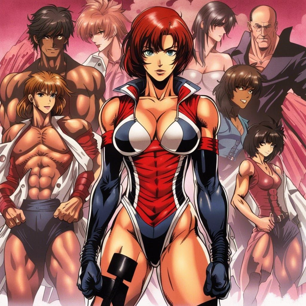 Retro 80s Anime Bodybuilder Illustration in Blue Corset