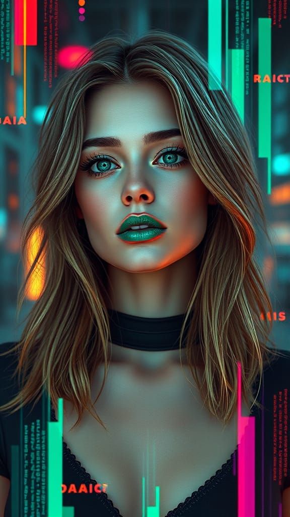 Futuristic Digital Portrait of a Young Woman in Cyberpunk St...