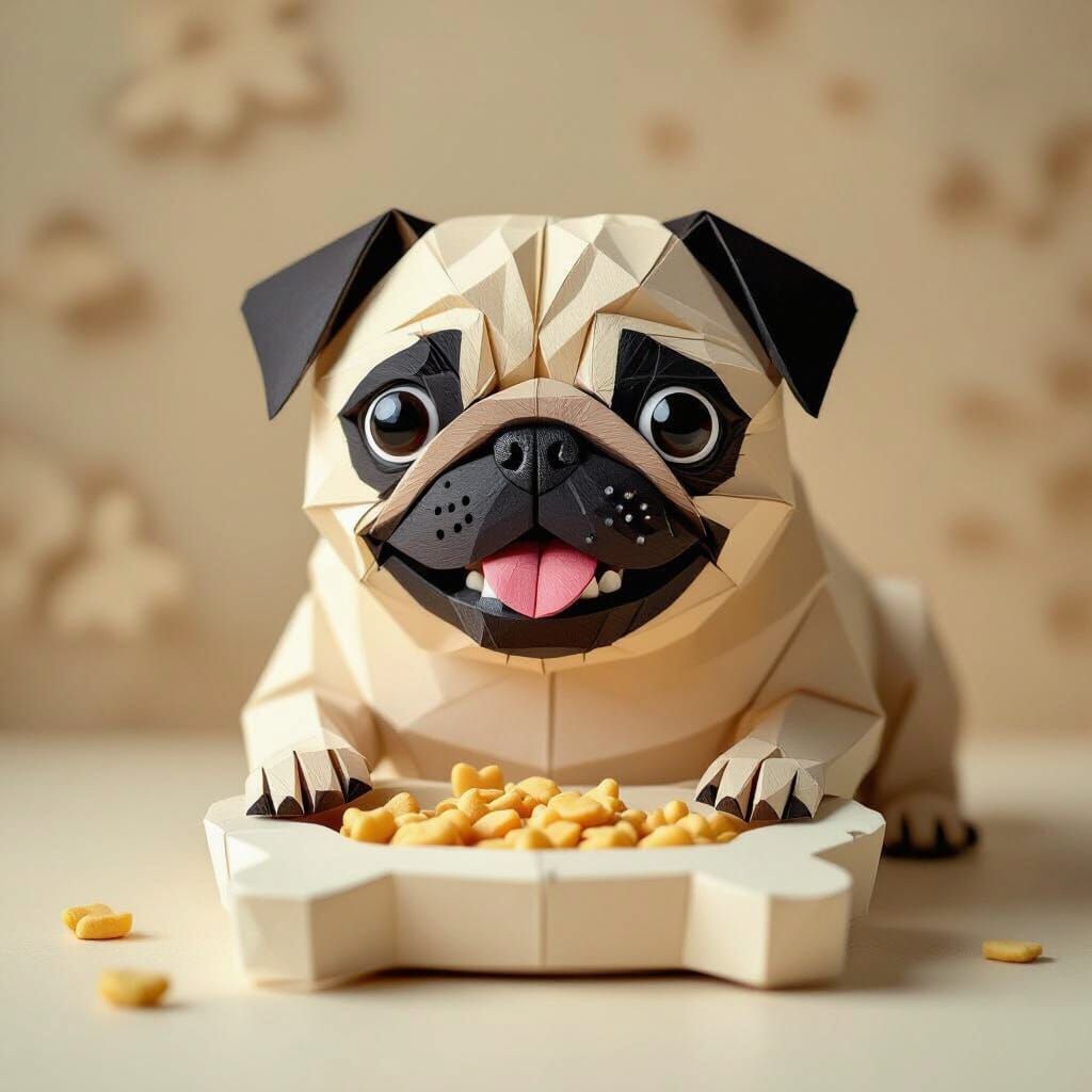 Origami Pug Enjoys Food in Delicate Papercraft Style