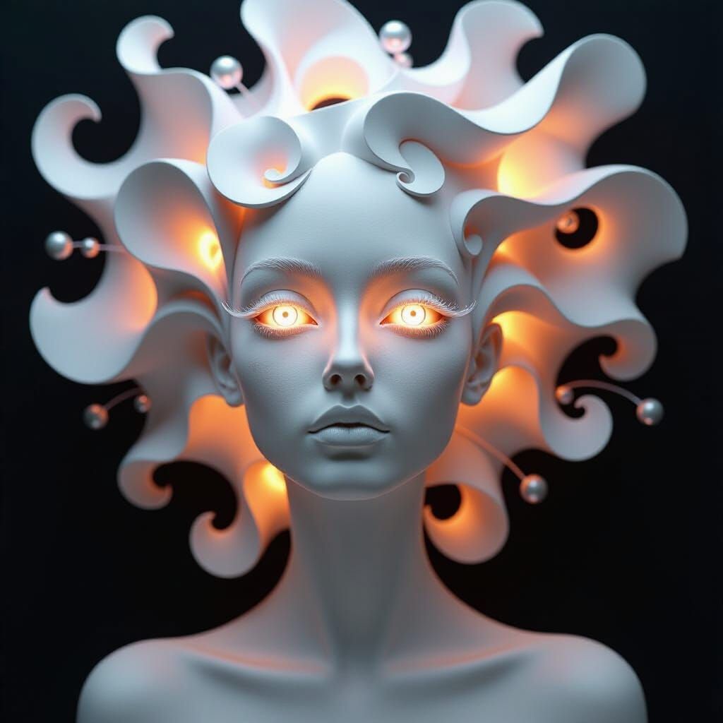 Surreal Figure with Stainless Steel Eyes and Luminous Shapes