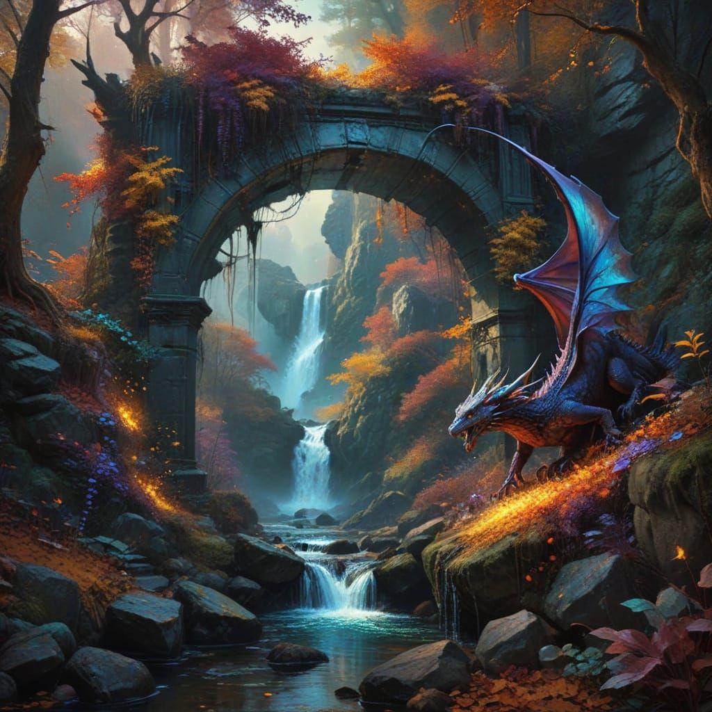 Dragon Archway in Vibrant Grunge Autumn Landscape
