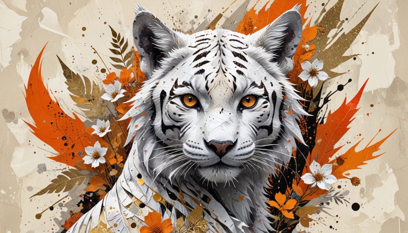 Japanese Kitsune Collage with Calligraphy and Floral Element...