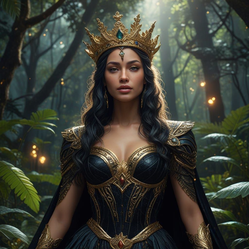 Nemesis Goddess in Starry Rainforest: Hyper-Realistic Art