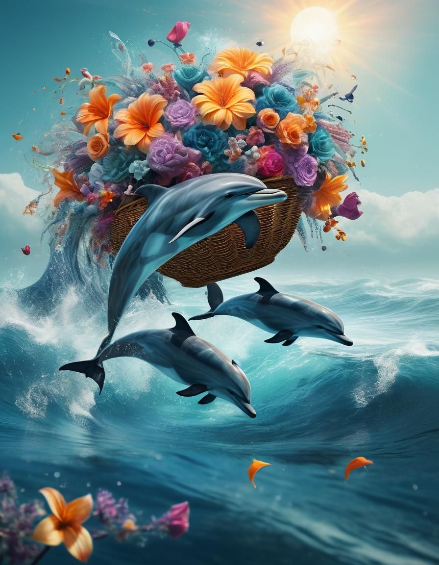 Dolphins Carry Flowers in Diamond Painting Style