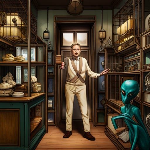 Alien Antique Shop Owner Surrounded by Oddities
